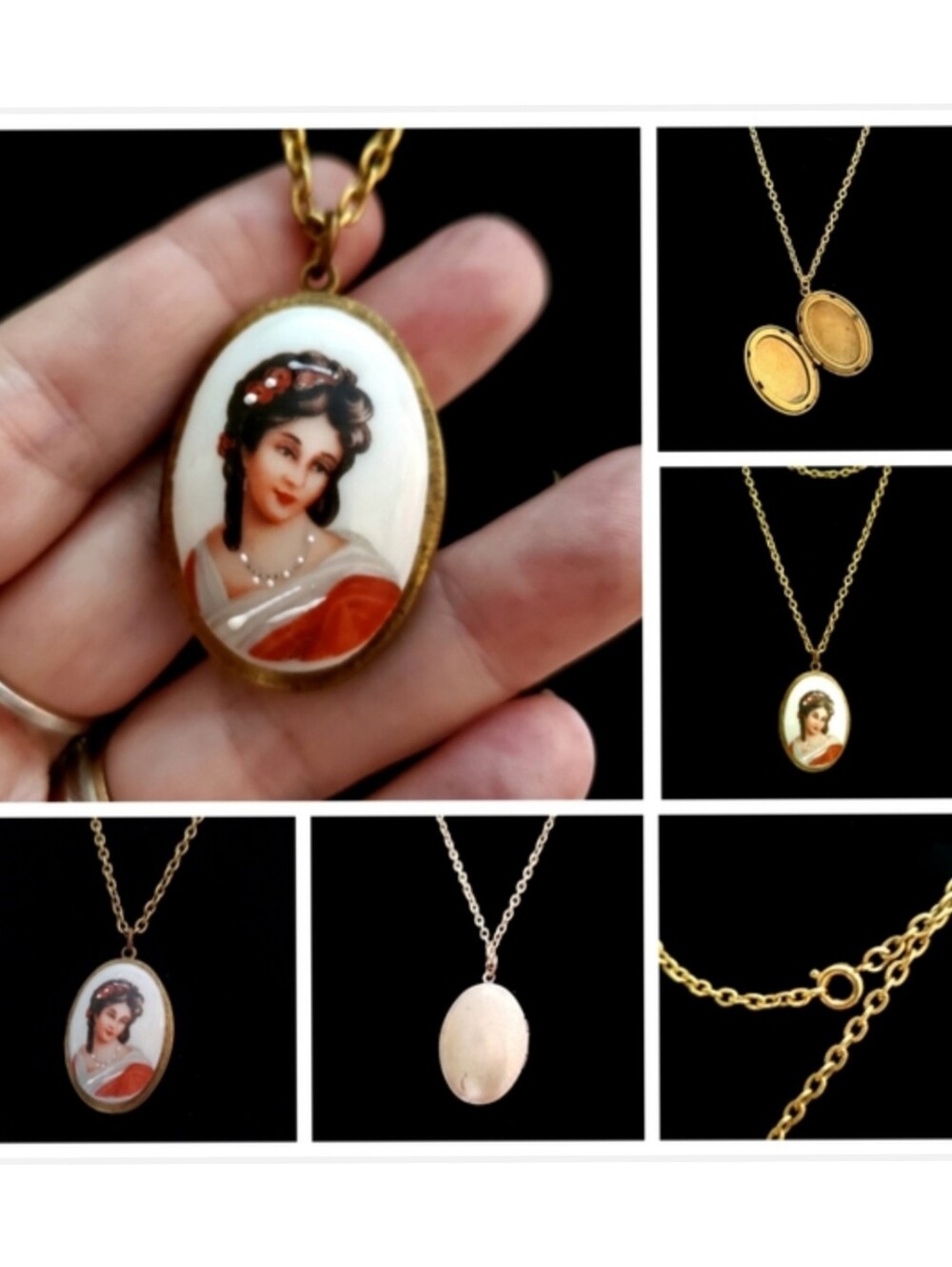 Fabulous Vintage Painted Cameo Locket Necklace